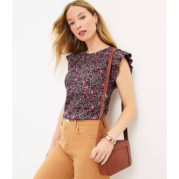 Loft Women's Multicolor Floral Cap Flutter Sleeve Crew Neck Blouse Top Size S - Picture 2 of 7